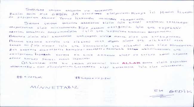 Hadim'de öğrencilerden sağlık çalışanlarına mektup