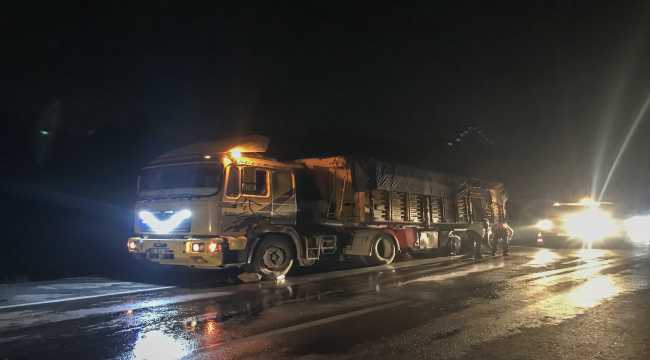 Akseki'de seyir halindeki tırın dorsesinde yangın çıktı 