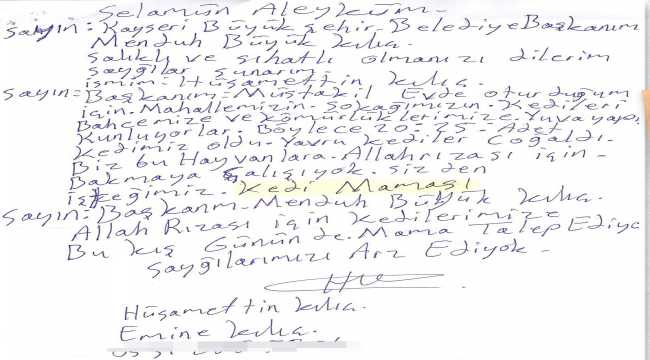 Kayseri'de mektup yazarak kedilerine mama isteyen hayvansevere belediyeden destek