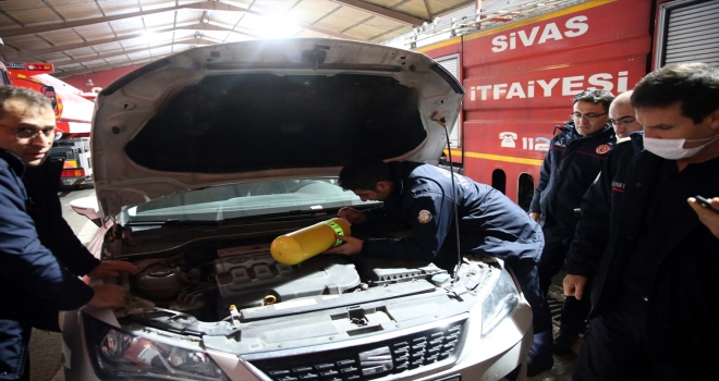 Sivas'ta aracın motor kısmına sıkışan kediyi itfaiye ekibi kurtardı