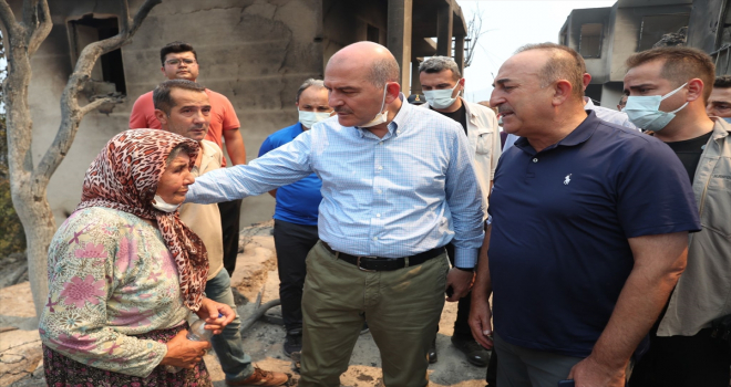 Bakanlar Soylu ve Çavuşoğlu, Alanya ile Gündoğmuş'taki yangın bölgesinde incelemelerde bulundu
