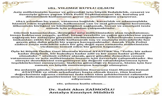 Antalya İl Emniyet Müdürü Zağimoğlu'ndan Polis Haftası Mesajı